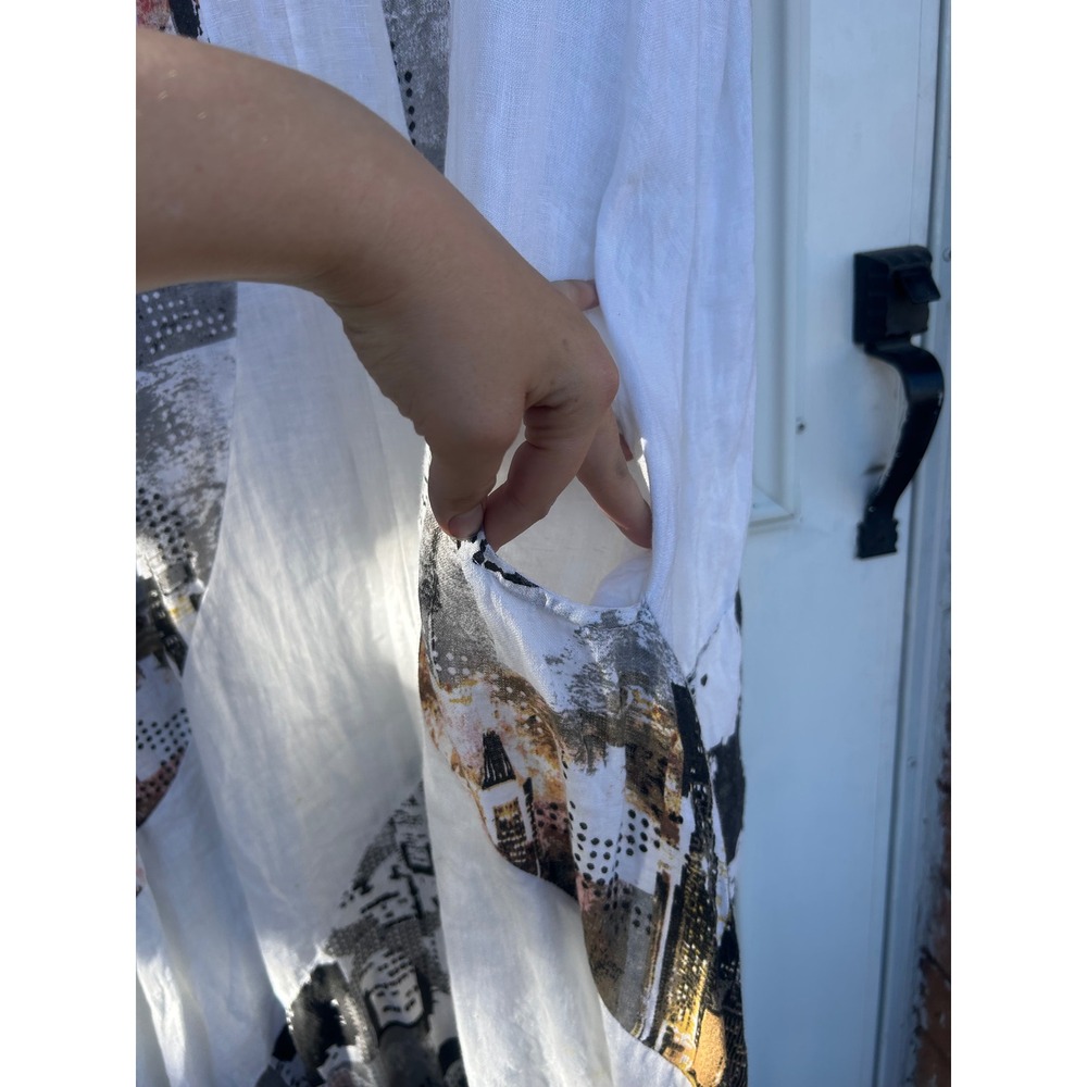 Bohabille Paris Linen Cityscape Print Bubble Hem Midi Dress White XL Lagenlook - Picture 7 of 12